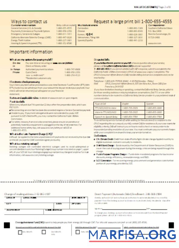Blank Southern California EDISON utility business bill, page 2, SCR real example